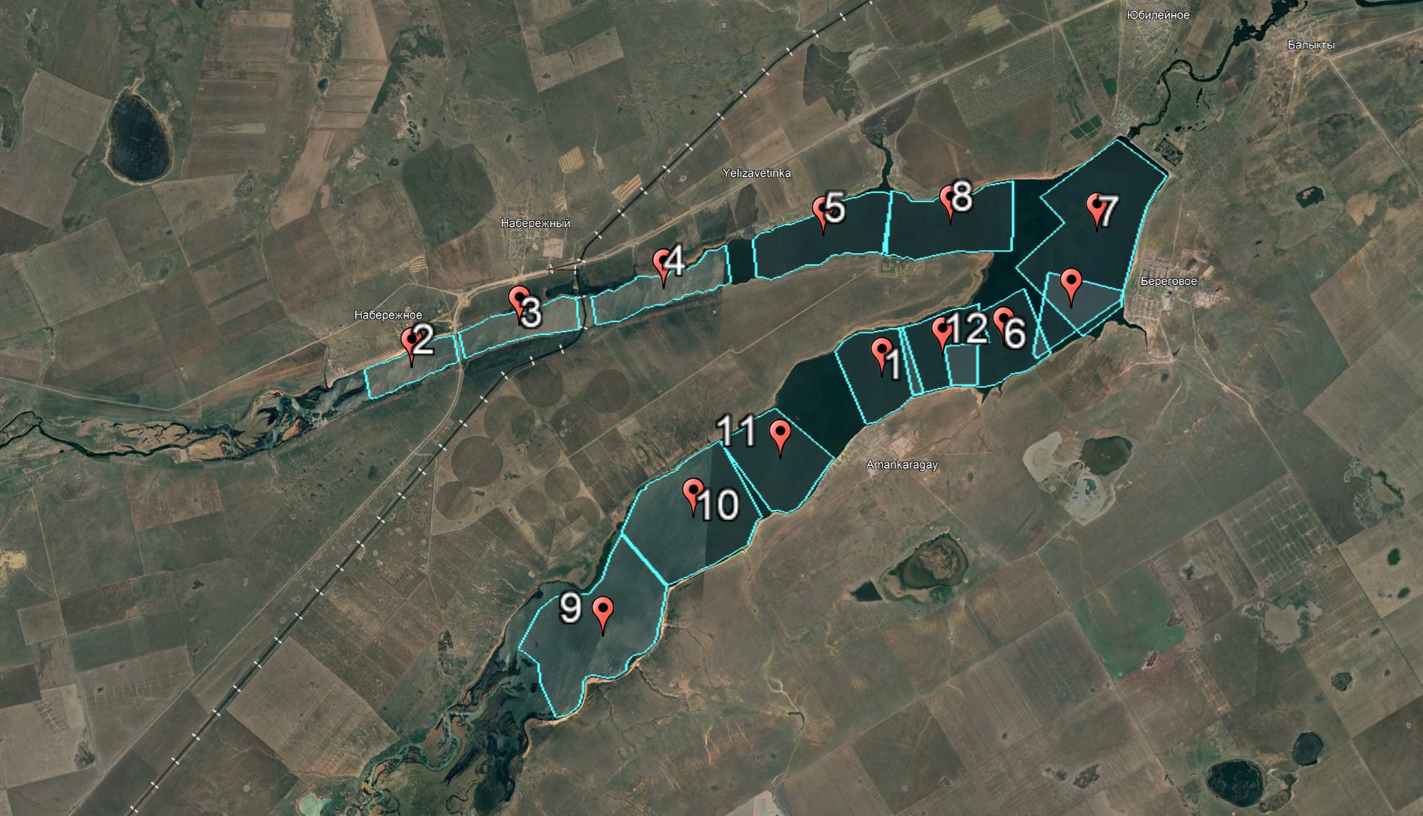 Рисунок 10 – Пример разбивки акватории Каратомарского водохранилища на полигоны