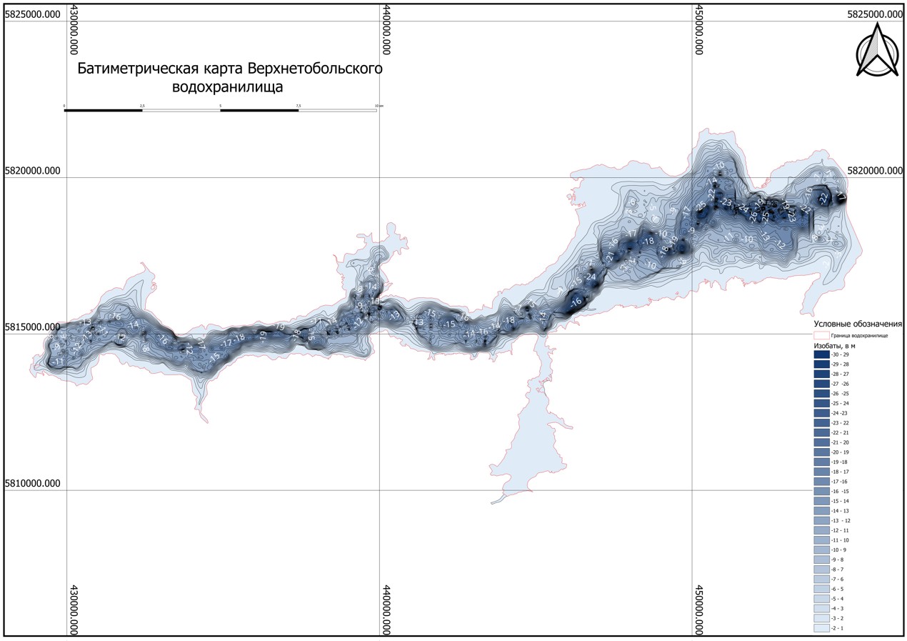 Карта изобат Верхнетобольского водохранилища