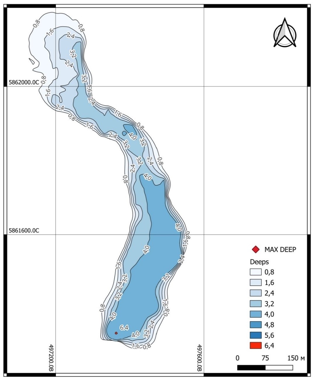 Рисунок 3 - Цифровая модель полигона залива (карта изобат)