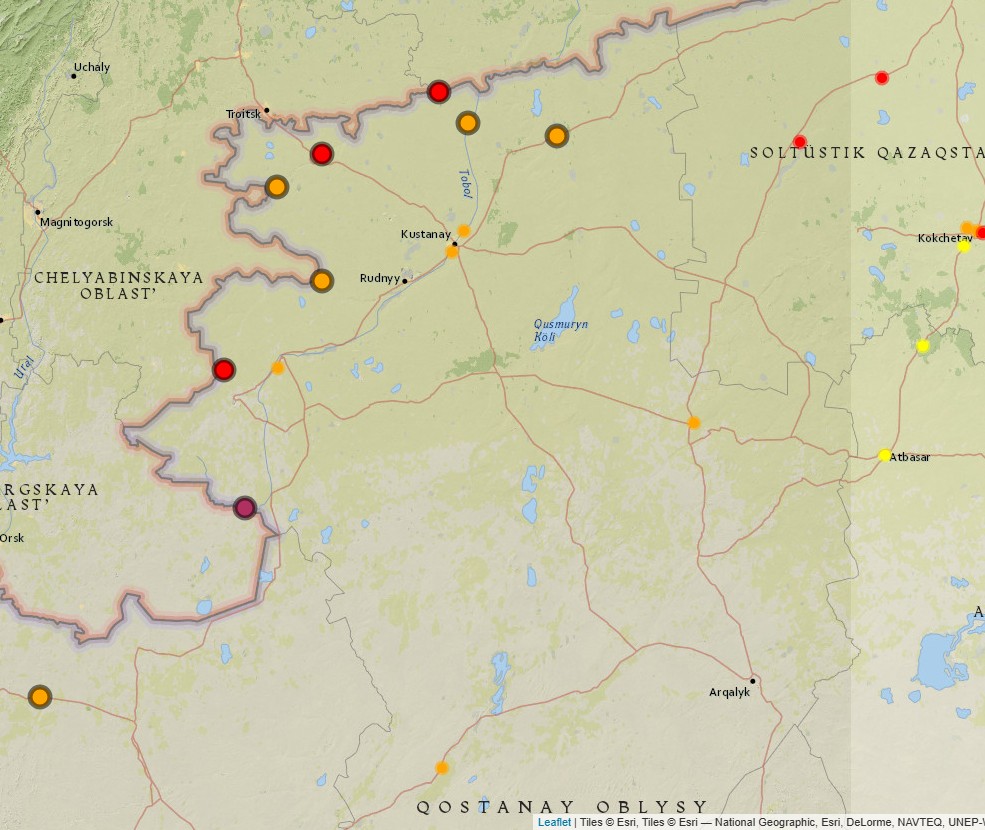 Рисунок 1 - Пункты отбора проб РГП «Казгидромет» вод по Костанайскому региону