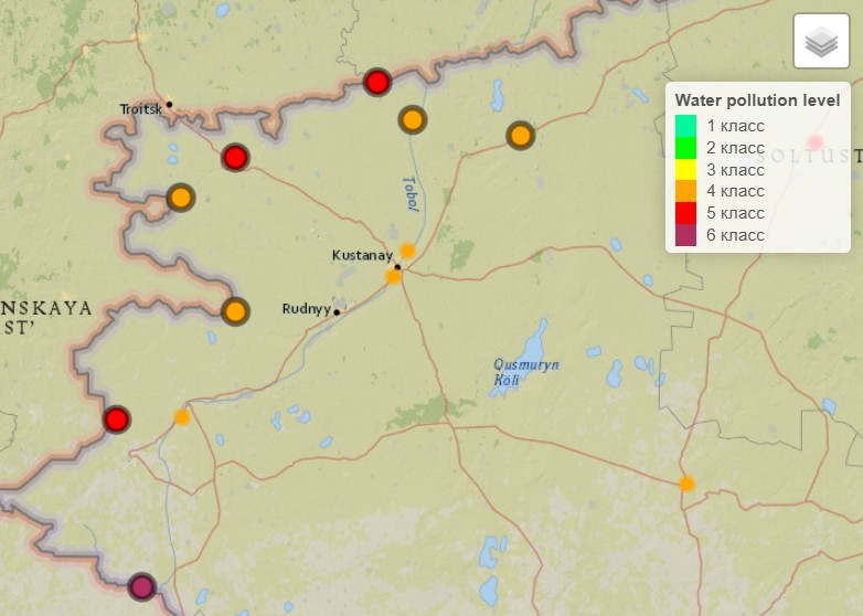 Рисунок 3 - Карта точек мониторинга качества поверхностных вод  Костанайской области