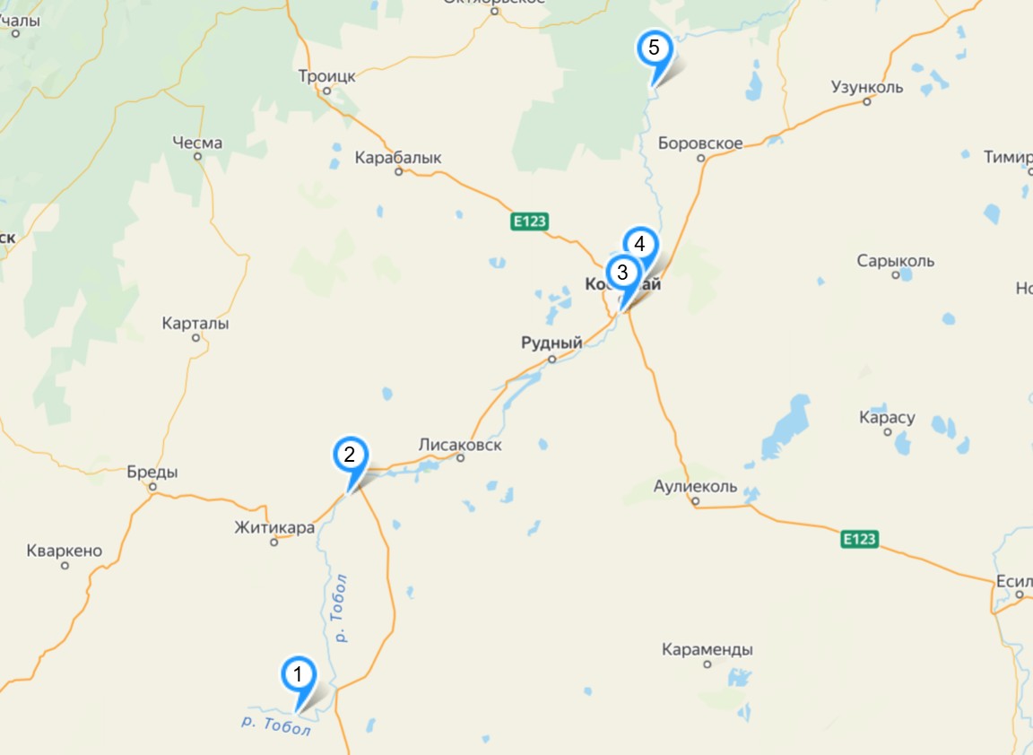 Рисунок 4 - Точки отбора проб РГП «Казгидромет» на участках реки Тобол