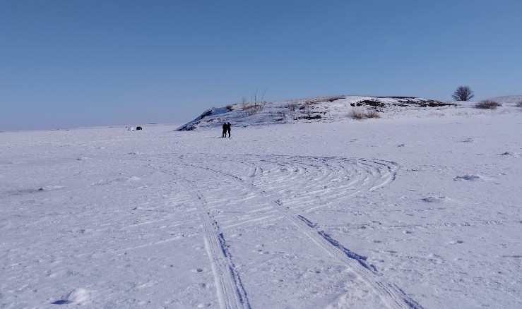 Рисунок 2 - Прибрежная зона Верхнетобольского водохранилища. Дороги на льду, проложенные автомобилями рыбаков.