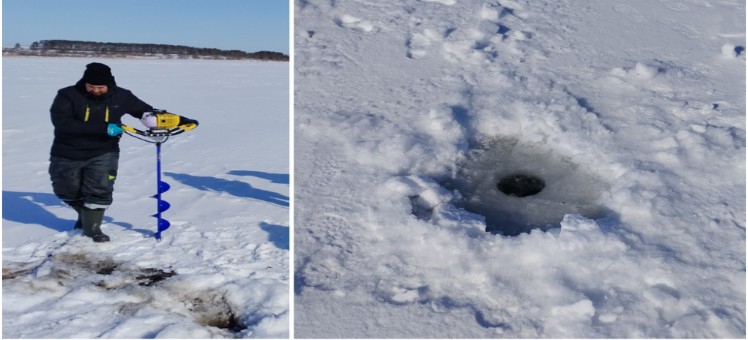 Рисунок 6 - Бур с бензиновым двигателем. Готовая лунка во льду диаметром 0,2 м,